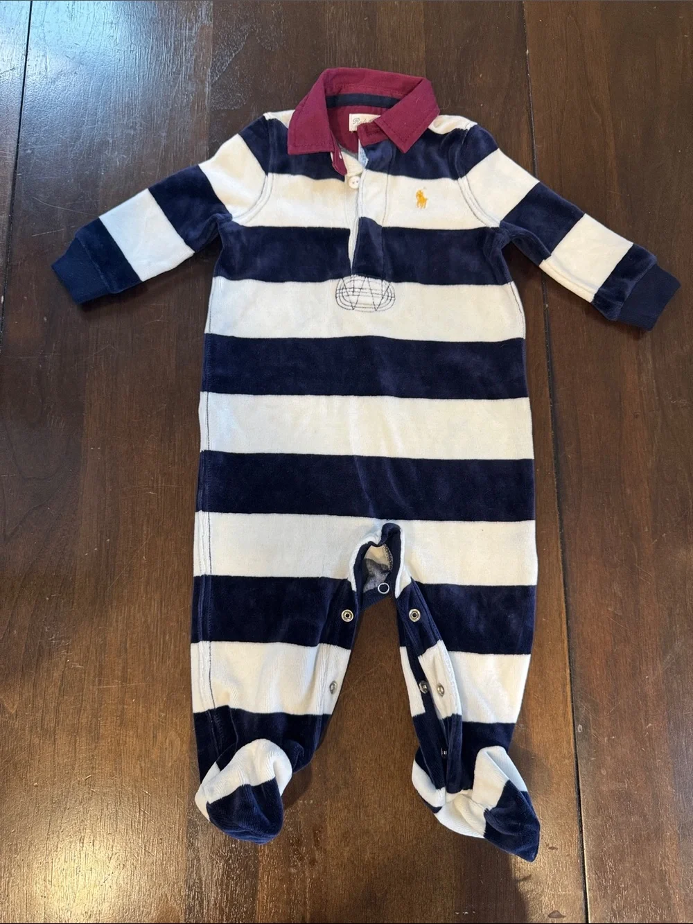 Polo by Ralph Lauren Navy & White Striped Footed One-Piece with Red Collar